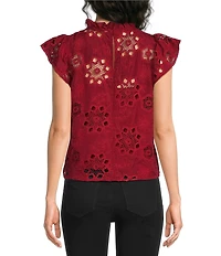 MELLODAY Embroidered Eyelet Ruffle Neck Flutter Cap Sleeve Top
