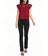MELLODAY Embroidered Eyelet Ruffle Neck Flutter Cap Sleeve Top