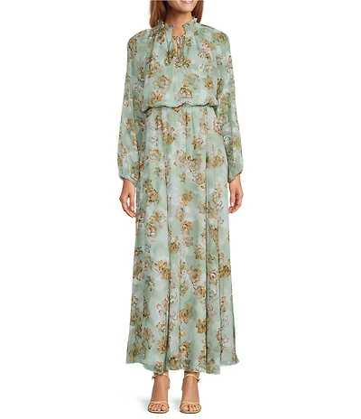 MELLODAY Floral Chiffon Jacquard Smocked Neck Long Sleeve A-Line Maxi Dress