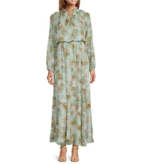 MELLODAY Floral Chiffon Jacquard Smocked Neck Long Sleeve A-Line Maxi Dress