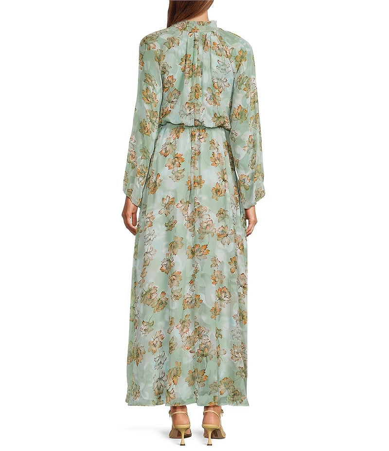 MELLODAY Floral Chiffon Jacquard Smocked Neck Long Sleeve A-Line Maxi Dress