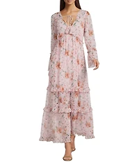 MELLODAY Floral Chiffon V-Neck Long Bell Sleeve Ruffle Tiered Empire Waist Maxi Dress