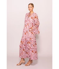 MELLODAY Floral Chiffon V-Neck Long Bell Sleeve Ruffle Tiered Empire Waist Maxi Dress