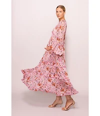 MELLODAY Floral Chiffon V-Neck Long Bell Sleeve Ruffle Tiered Empire Waist Maxi Dress