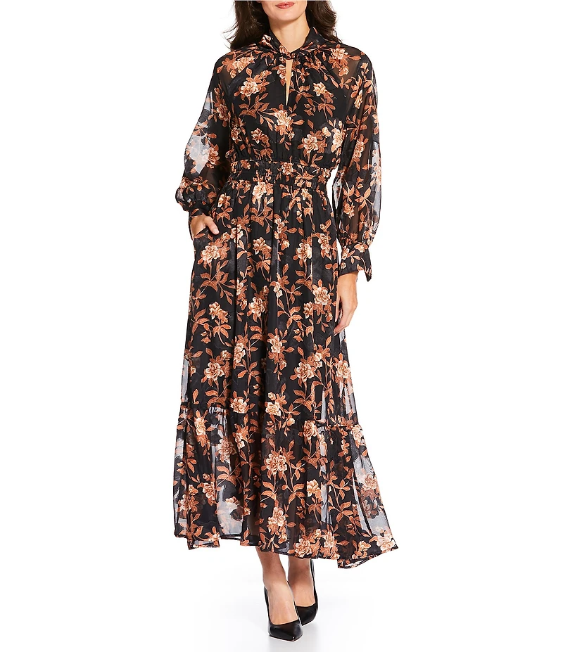 MELLODAY Floral Keyhole Ruffle Mock Neck Long Sleeve Maxi Dress