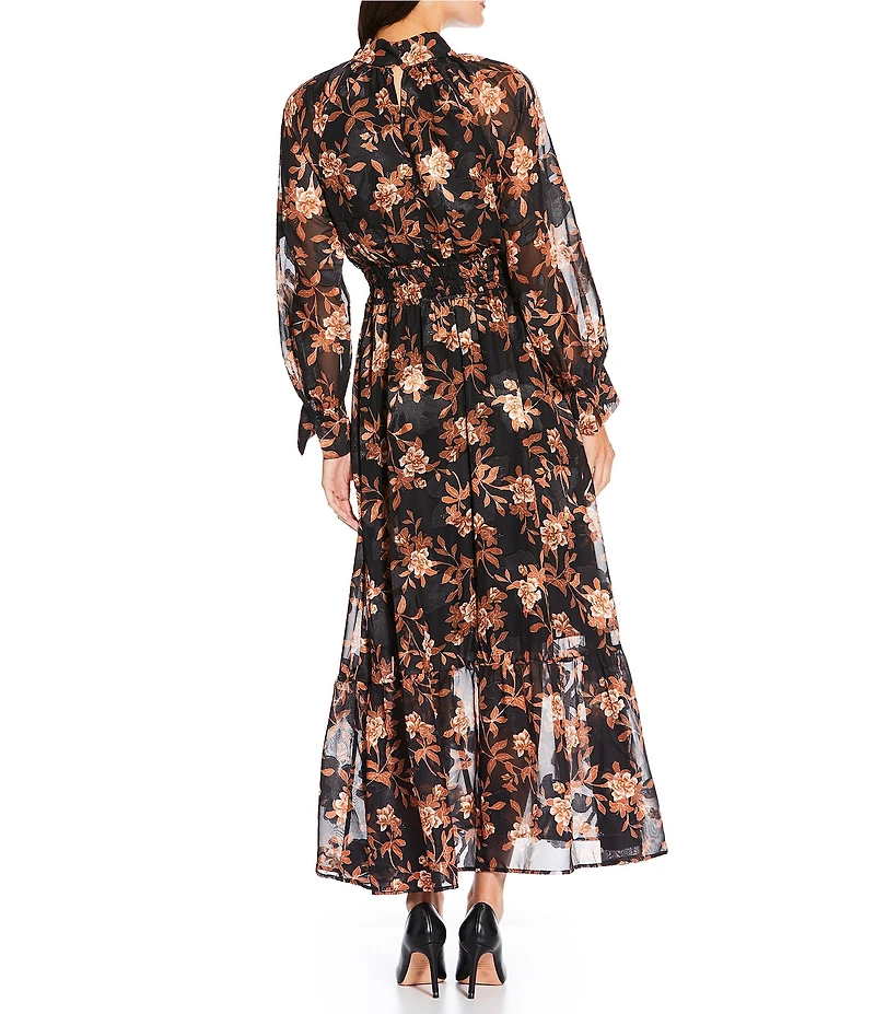 MELLODAY Floral Keyhole Ruffle Mock Neck Long Sleeve Maxi Dress