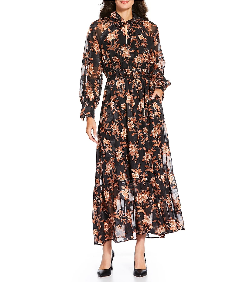 MELLODAY Floral Keyhole Ruffle Mock Neck Long Sleeve Maxi Dress