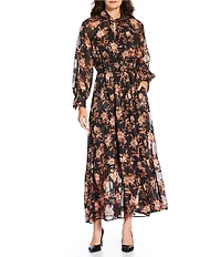 MELLODAY Floral Keyhole Ruffle Mock Neck Long Sleeve Maxi Dress