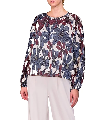 MELLODAY Floral Pleated Long Sleeve Button Front Top