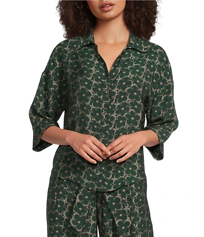 MELLODAY Floral Print Coordinating Tencel Organza Collared V-Neck 3/4 Wide Sleeve Button Front Blouse