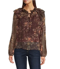 MELLODAY Floral Ruffle Mock Neck Long Sleeve Blouse