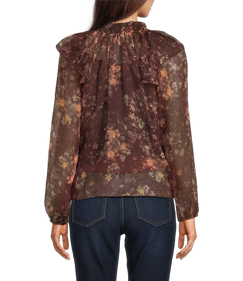 MELLODAY Floral Ruffle Mock Neck Long Sleeve Blouse