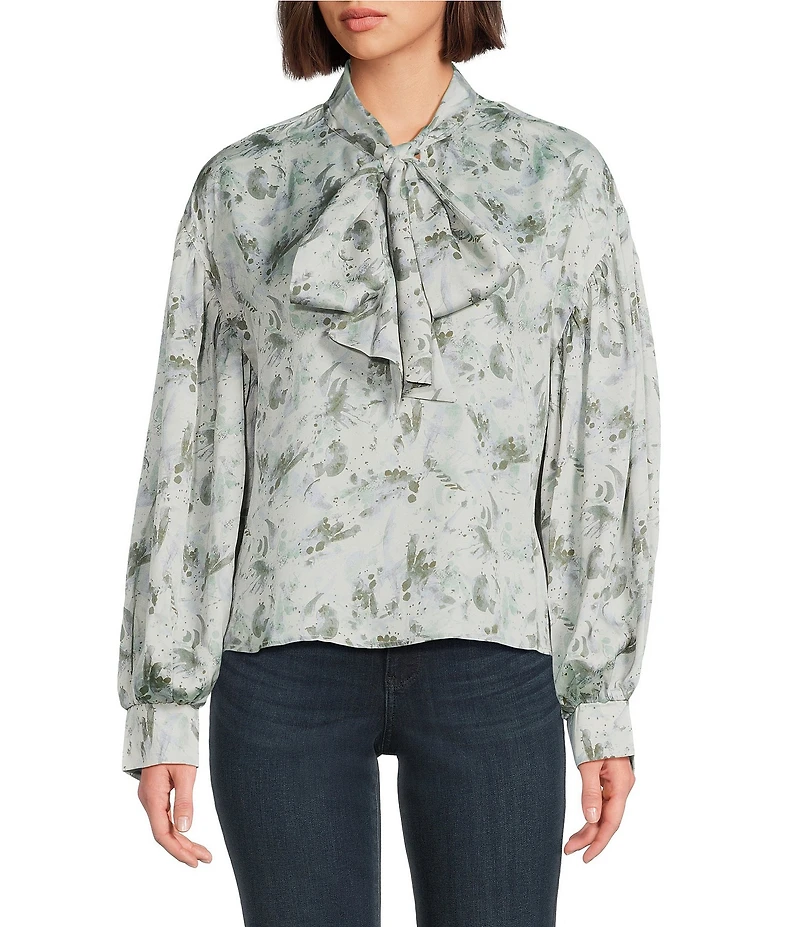 MELLODAY Floral Tie Neck Long Sleeve Blouse