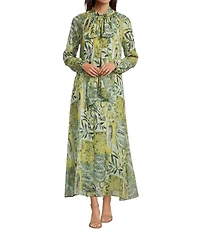 MELLODAY Jacquard Abstract Multi Tie-Front High Neck Long Sleeve Maxi Dress
