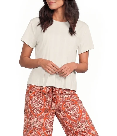 MELLODAY Knit Crew Neck Short Sleeve Pleated Seam Detail Tee