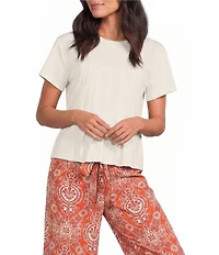 MELLODAY Knit Crew Neck Short Sleeve Pleated Seam Detail Tee