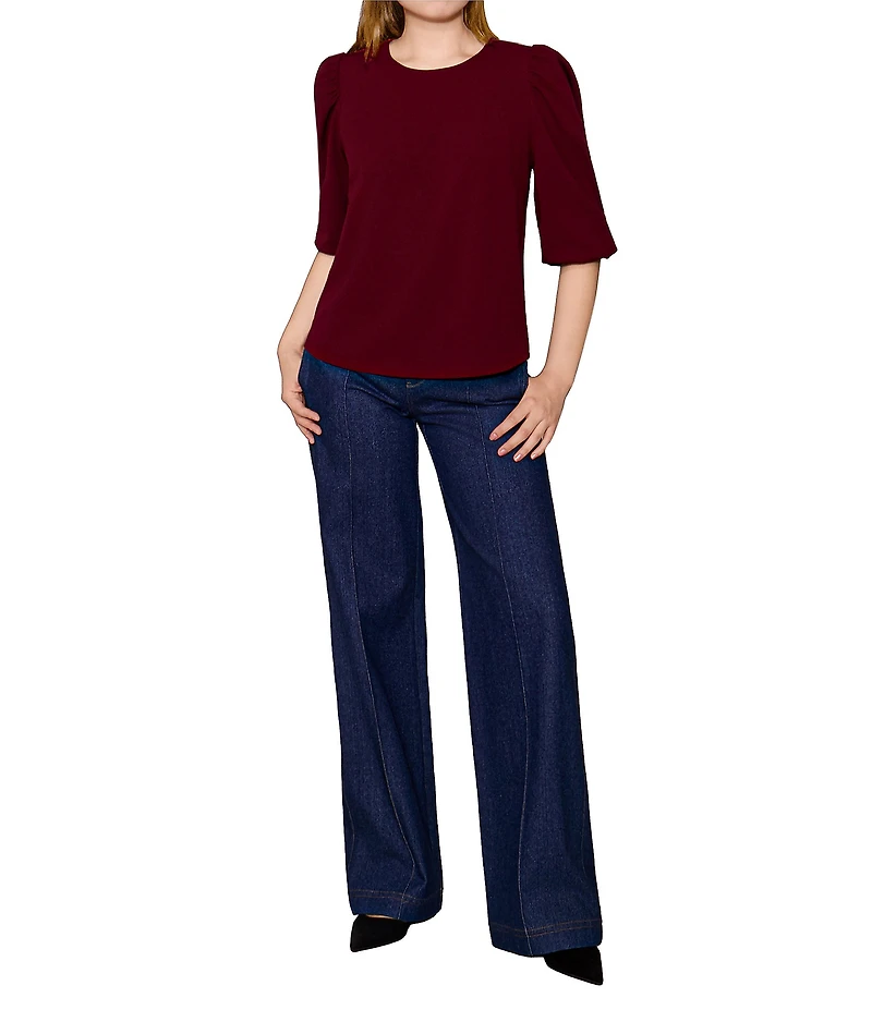 MELLODAY Knit Round Neck 3/4 Sleeve Top