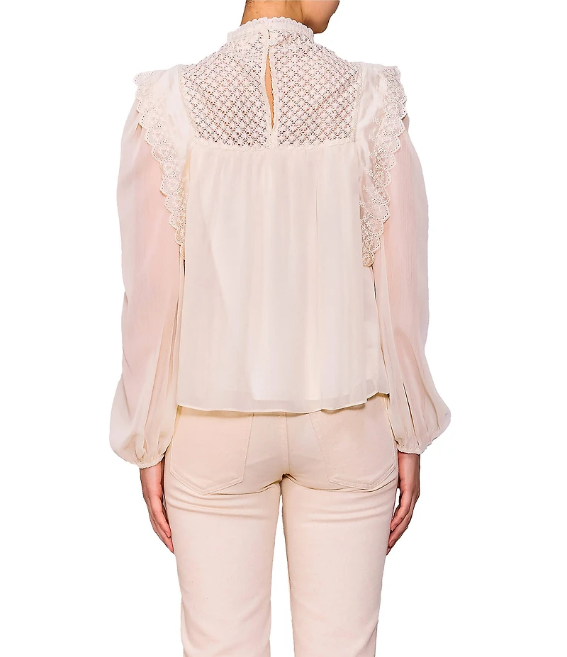 MELLODAY Lace Inset Mock Neck Puff Sleeve Blouse