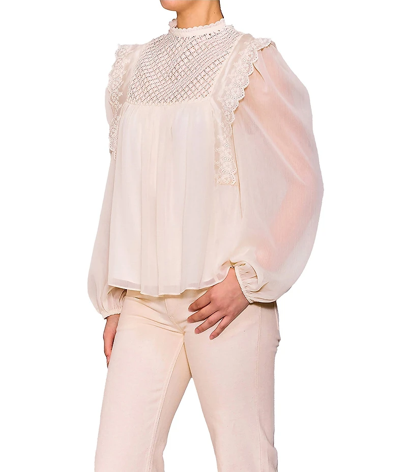 MELLODAY Lace Inset Mock Neck Puff Sleeve Blouse