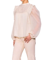 MELLODAY Lace Inset Mock Neck Puff Sleeve Blouse