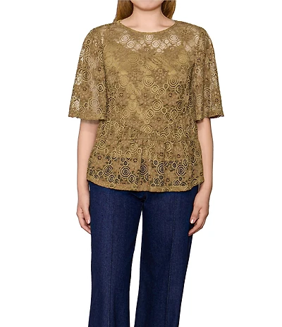 MELLODAY Lace Round Neck Puff Sleeve Peplum Top
