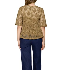 MELLODAY Lace Round Neck Puff Sleeve Peplum Top