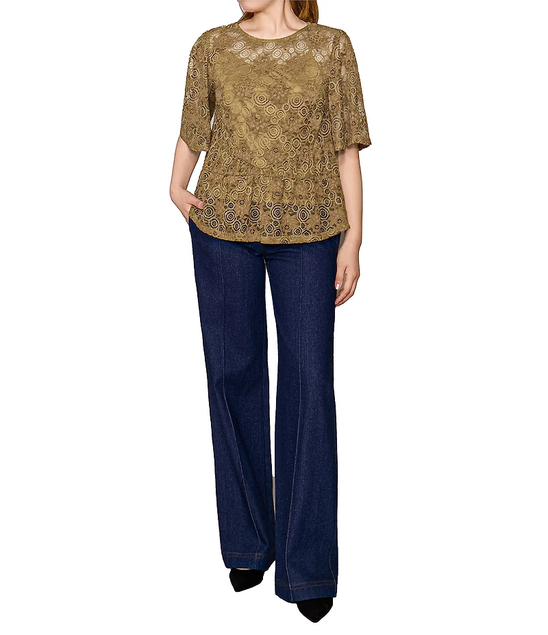MELLODAY Lace Round Neck Puff Sleeve Peplum Top