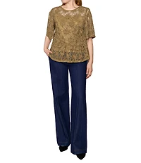 MELLODAY Lace Round Neck Puff Sleeve Peplum Top