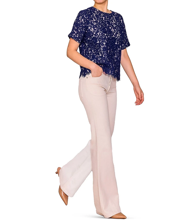 MELLODAY Lace Short Sleeve Scalloped Hem Top
