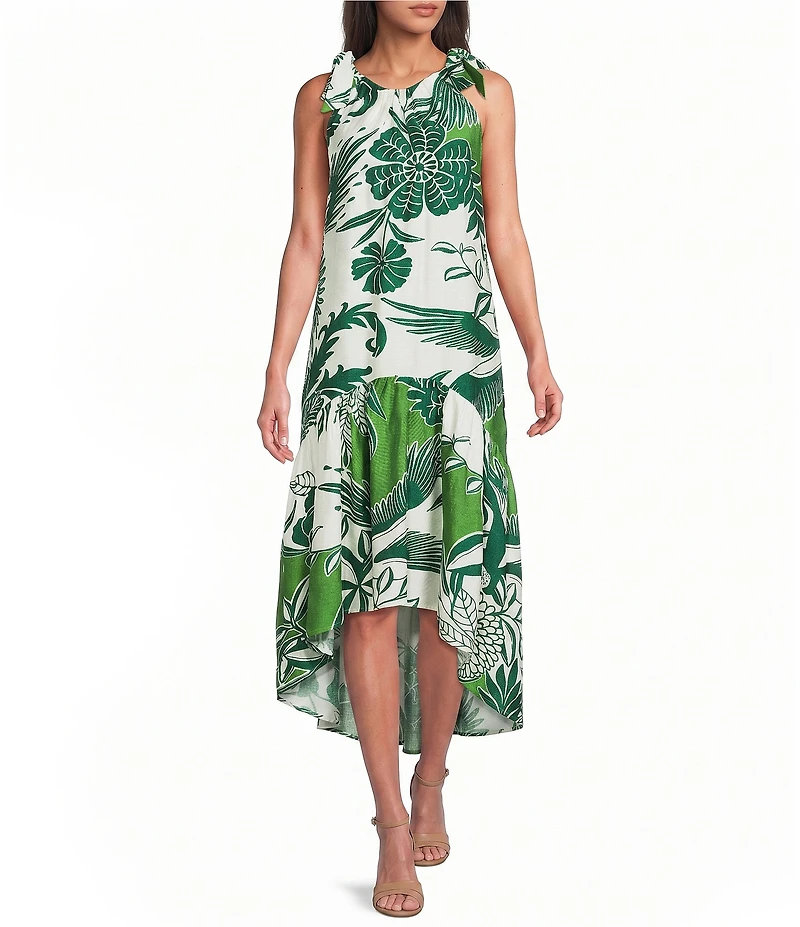 MELLODAY Leaf Print Gathered Neck Sleeveless Tie Shoulder High-Low Midi Dress