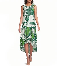 MELLODAY Leaf Print Gathered Neck Sleeveless Tie Shoulder High-Low Midi Dress