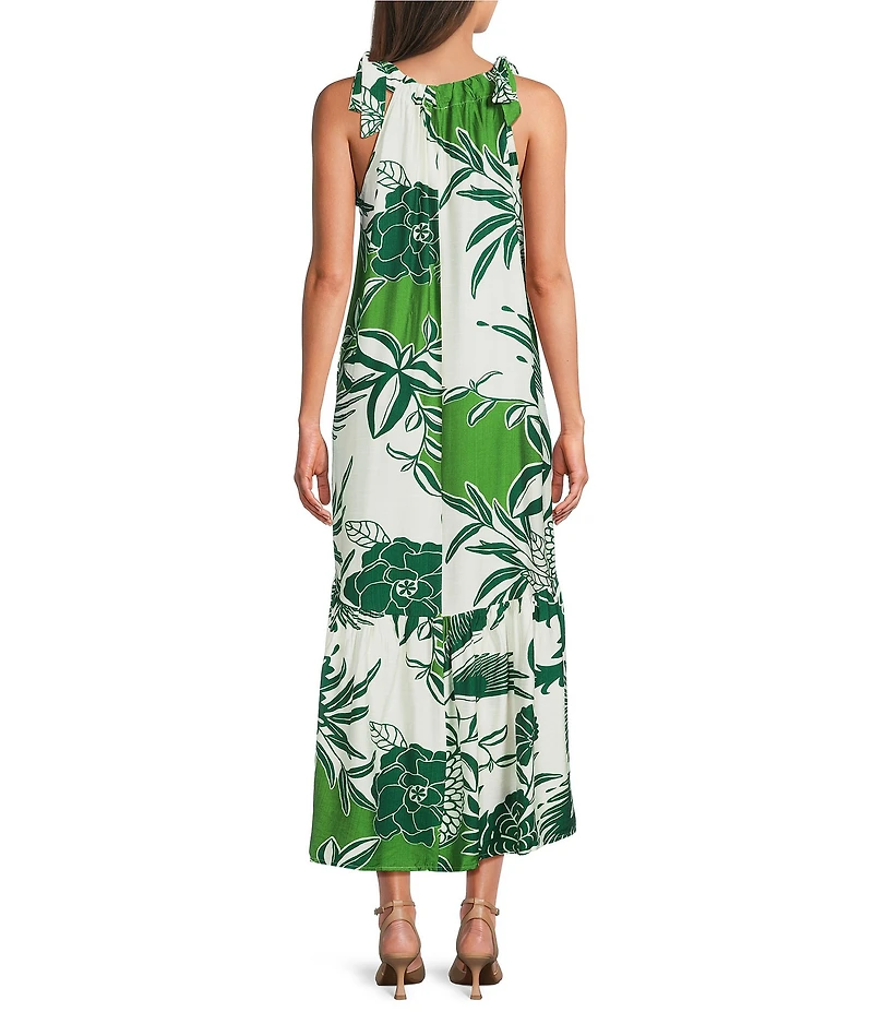 MELLODAY Leaf Print Gathered Neck Sleeveless Tie Shoulder High-Low Midi Dress