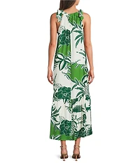 MELLODAY Leaf Print Gathered Neck Sleeveless Tie Shoulder High-Low Midi Dress