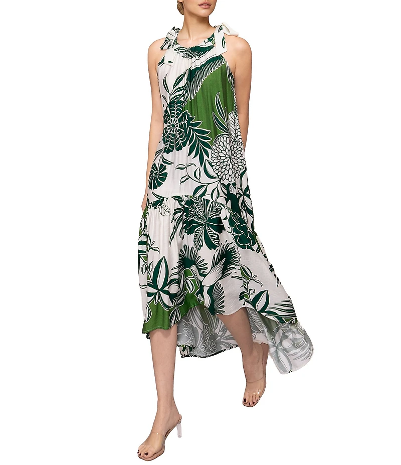 MELLODAY Leaf Print Gathered Neck Sleeveless Tie Shoulder High-Low Midi Dress