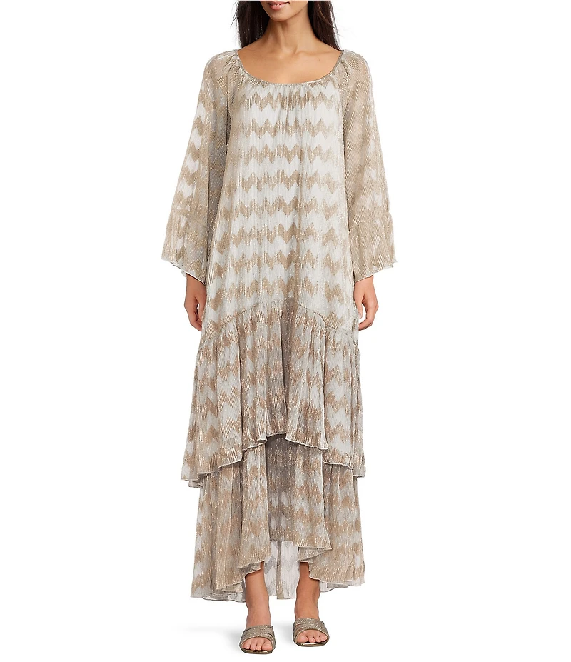 MELLODAY Metallic Rose Gold Plisse Round Neck Long Bell Sleeve Tiered Shift Maxi Dress