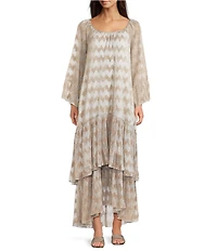 MELLODAY Metallic Rose Gold Plisse Round Neck Long Bell Sleeve Tiered Shift Maxi Dress