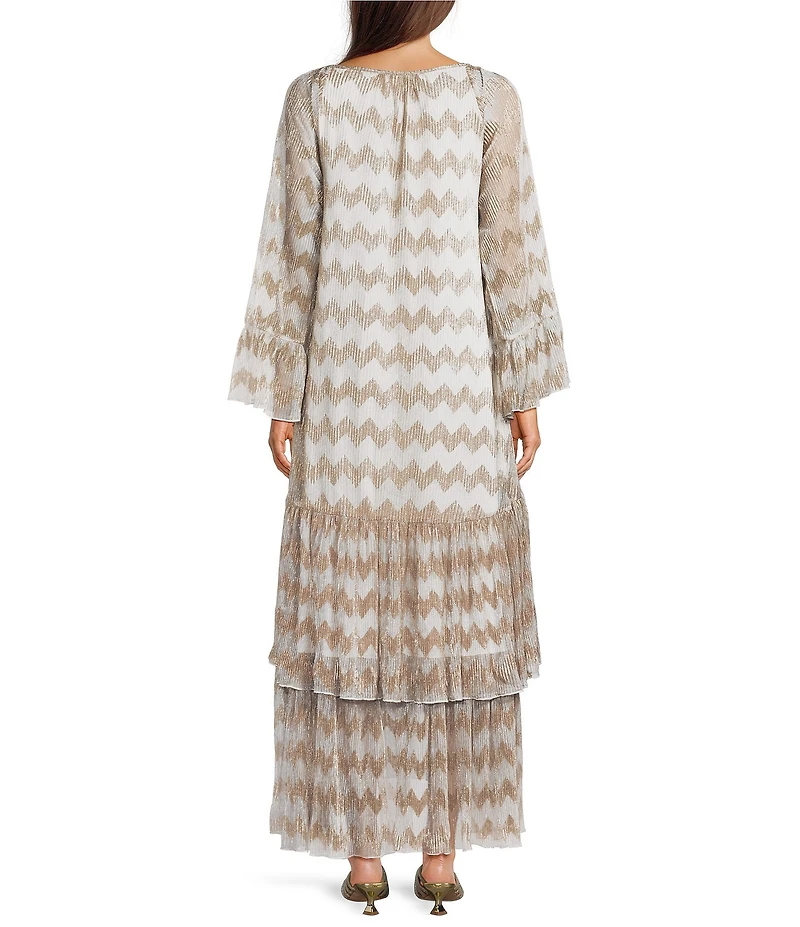 MELLODAY Metallic Rose Gold Plisse Round Neck Long Bell Sleeve Tiered Shift Maxi Dress