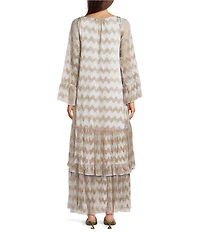 MELLODAY Metallic Rose Gold Plisse Round Neck Long Bell Sleeve Tiered Shift Maxi Dress