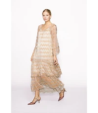 MELLODAY Metallic Rose Gold Plisse Round Neck Long Bell Sleeve Tiered Shift Maxi Dress