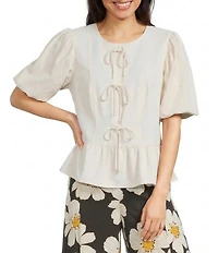 MELLODAY Mixed Media Round Neck Short Puff Sleeve Bow Tie Front Peplum Blouse