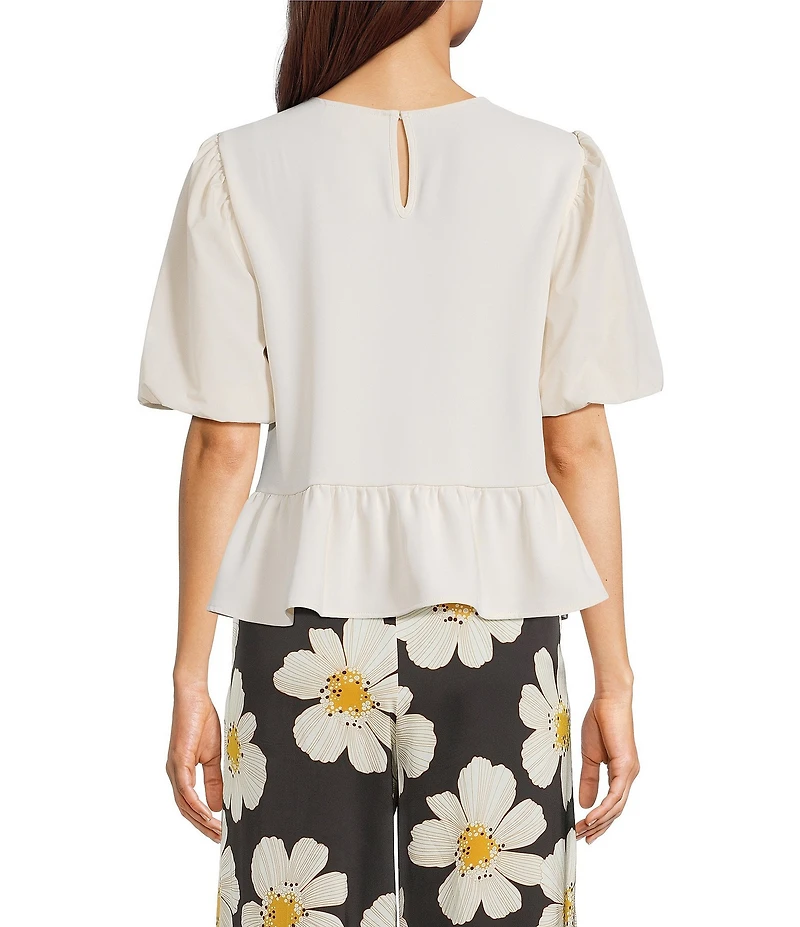 MELLODAY Mixed Media Round Neck Short Puff Sleeve Bow Tie Front Peplum Blouse