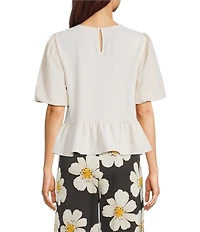 MELLODAY Mixed Media Round Neck Short Puff Sleeve Bow Tie Front Peplum Blouse