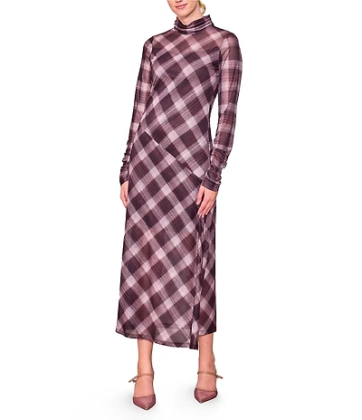 MELLODAY Plaid Printed Asymmetric Style Line Mock Neck Long Sleeve Column Midi Dress