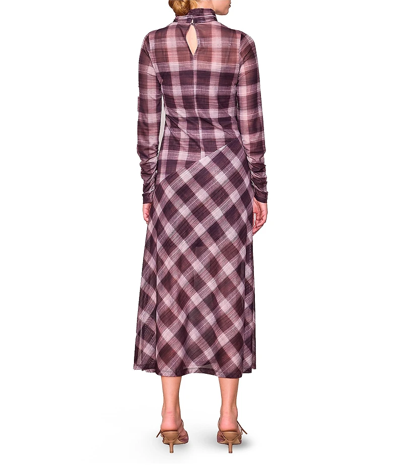 MELLODAY Plaid Printed Asymmetric Style Line Mock Neck Long Sleeve Column Midi Dress