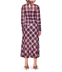 MELLODAY Plaid Printed Asymmetric Style Line Mock Neck Long Sleeve Column Midi Dress