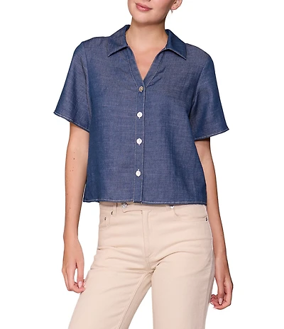 MELLODAY Point Collar Boxy Short Sleeve Denim Top