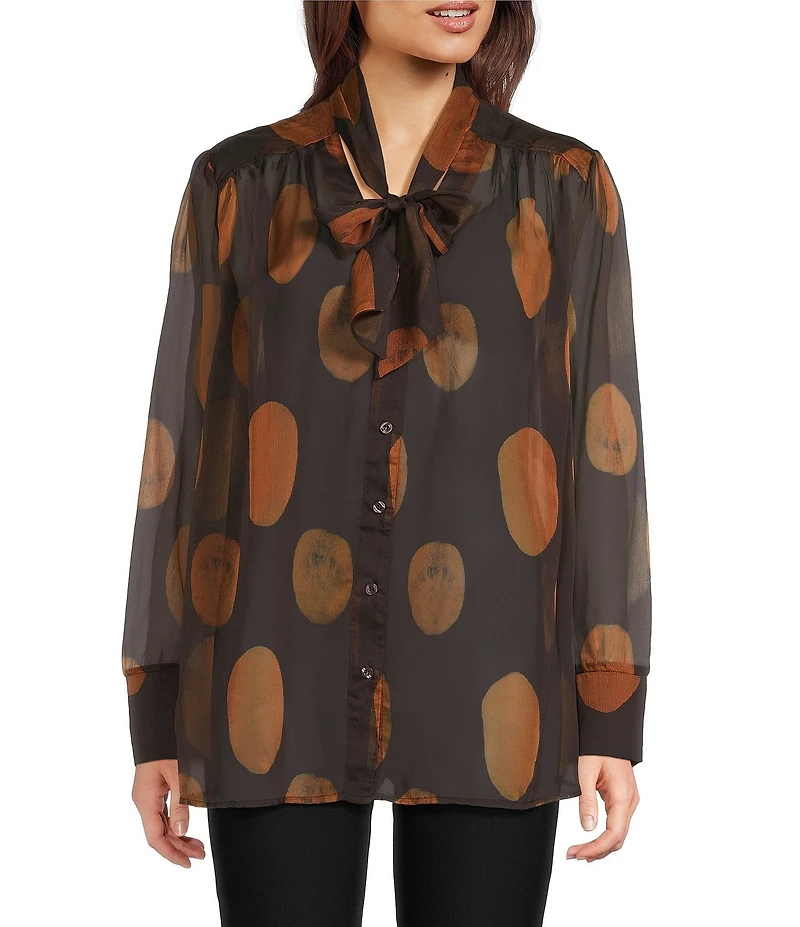MELLODAY Polka Dot Print Tie Neck Long Sleeve Top