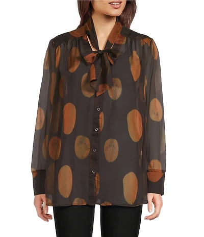 MELLODAY Polka Dot Print Tie Neck Long Sleeve Top