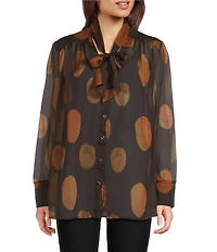 MELLODAY Polka Dot Print Tie Neck Long Sleeve Top
