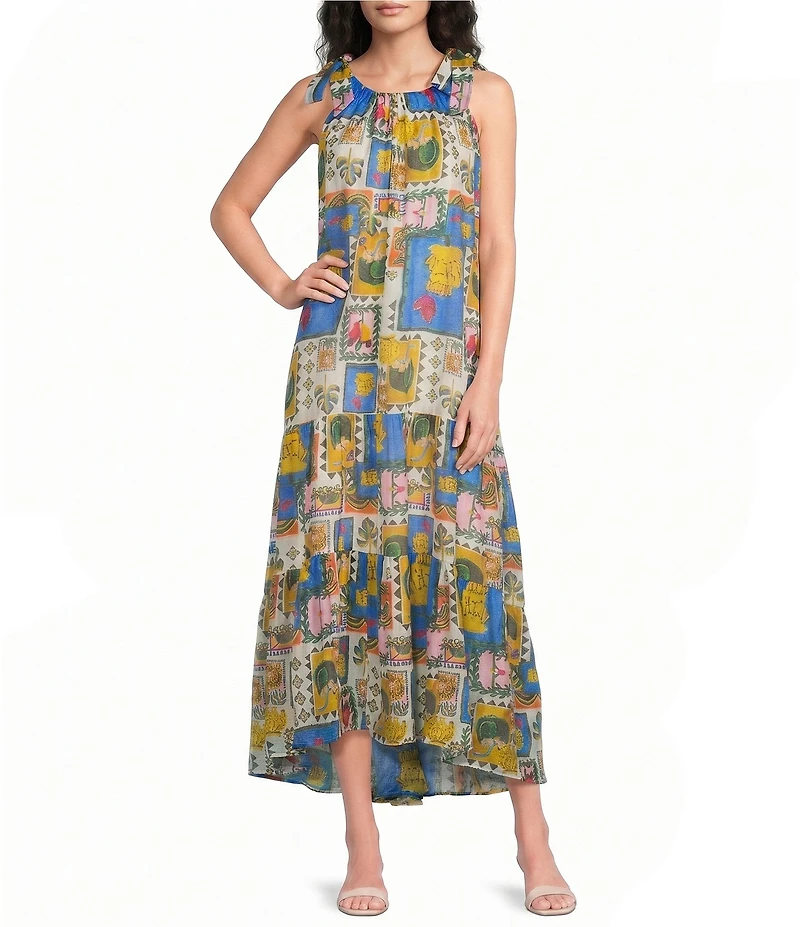Melloday Printed Gathered Neck Tie Shoulder Maxi Dress